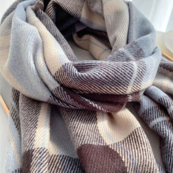 NEW Large Plaid Cashmere Scarf Blue Cream Brown Fringe Winter Wrap Pashmina - Picture 3 of 8